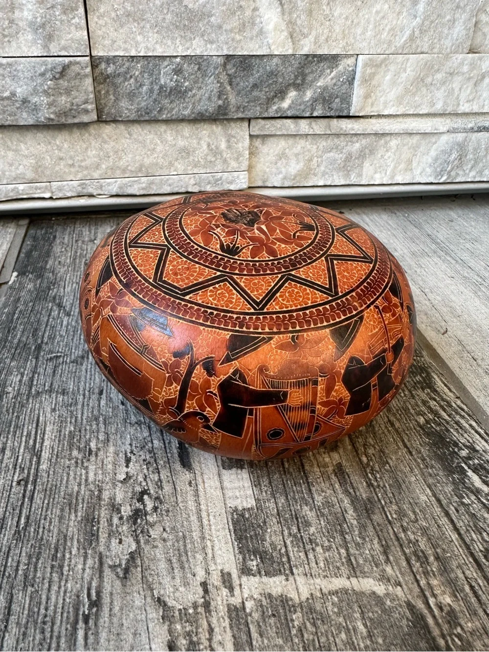 Vintage Hand Carved Gourd Peruvian  Decor Art